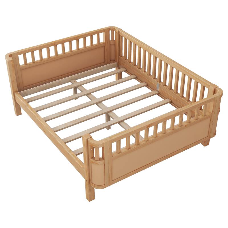 Wooden Kids Bed with 2 Storage Drawers, Guardrails and Removable Side Rail, Rounded Corners Frame Montessori Bed, Toddler Bed