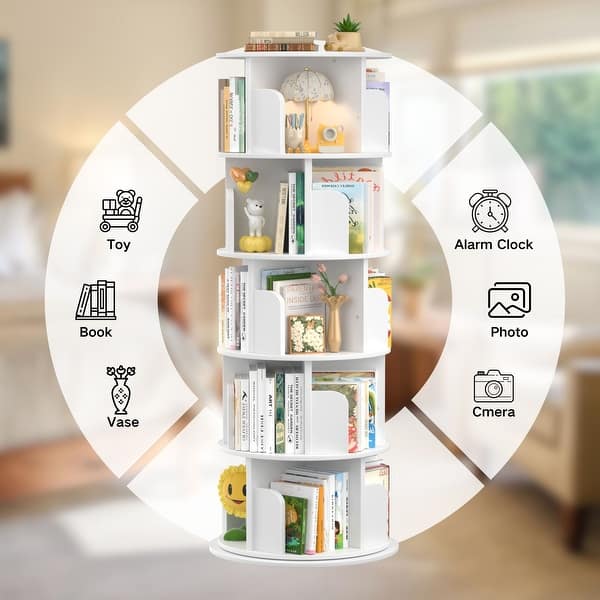 dimension image slide 7 of 8, 4/5 Tiers Round Rotating Bookcase, Revolving Floor Standing Bookshelf Corner Organizer Display