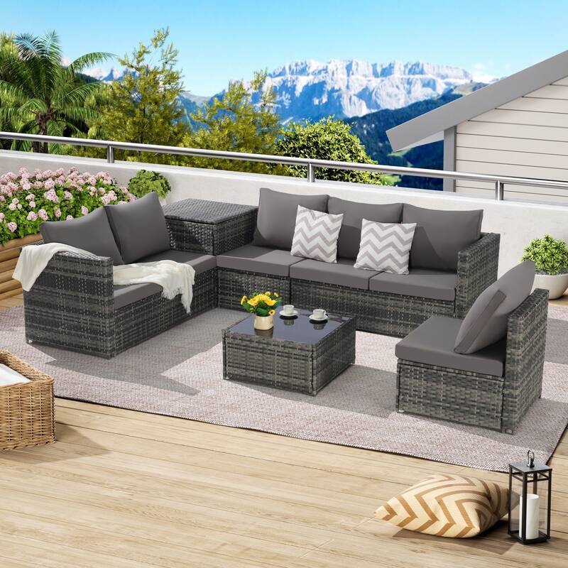 Large Furniture Set Woven Sectional Couches L- Shape Sectional Recliner Wicker Conversation Set wCorner Table, Glass Top Table - Dark Gray