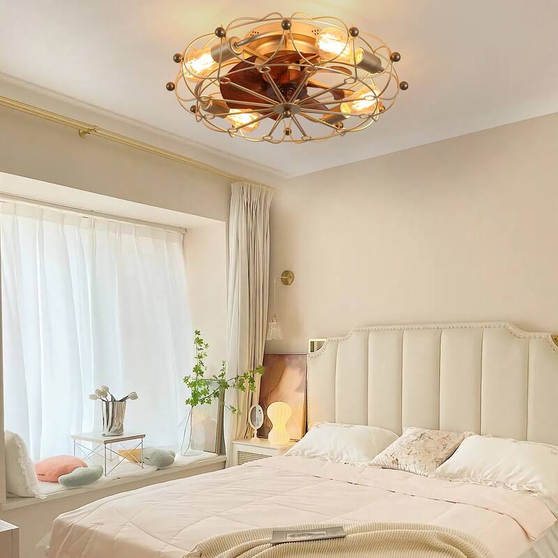 Modern Flush Mount Ceiling Fan Light with Light and Remote Control, Cage Design for Bedroom and Living Room