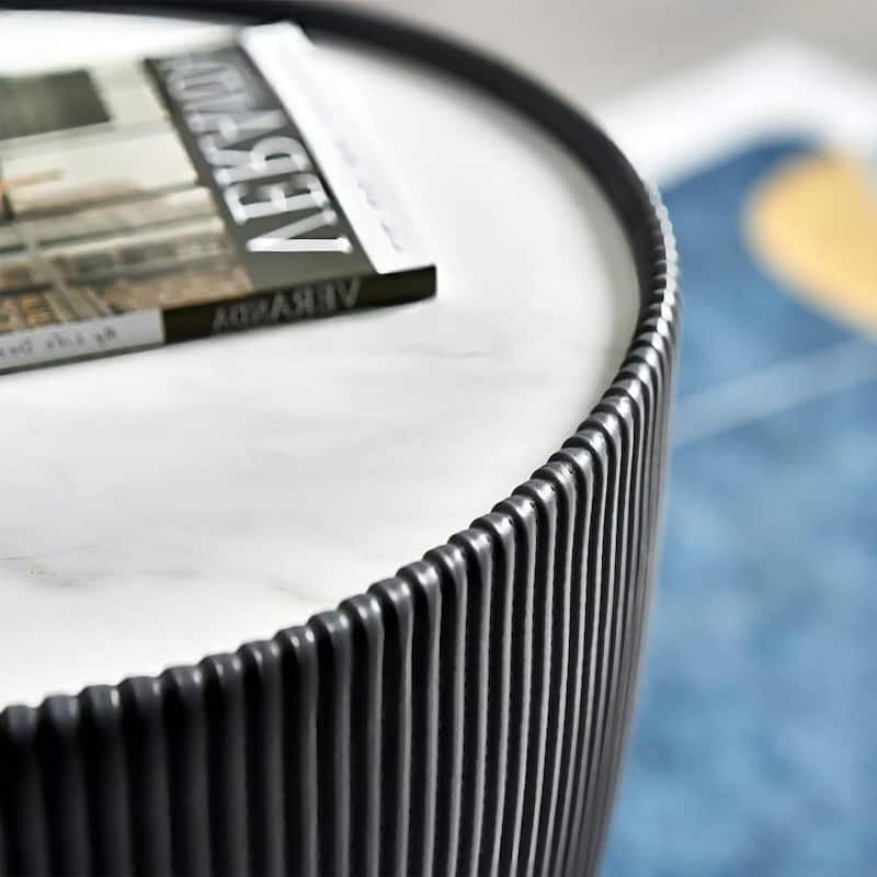 Modern Drum Coffee Table, Sintered Stone Coffee Table with PU Leather and Aluminum Alloy Base