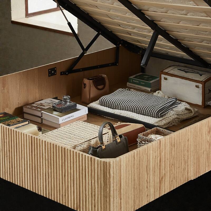 Lift Up Storage Platform Bed with Hydraulic Mechanism, Curved Corrugated Wooden Panels, No Box Spring Required