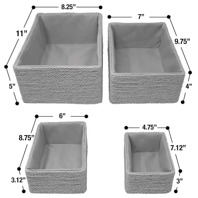 Storage Baskets 4-Piece Set - Stackable Woven Basket Paper Rope Bin Boxes (Gray)