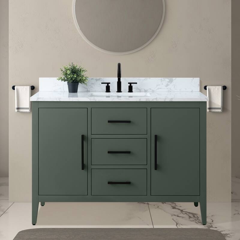 Vanity Art 48" Single Sink Bathroom Vanity Cabinet with Engineered Marble Countertop - 48"/Matte Black Handle - Vintage Green
