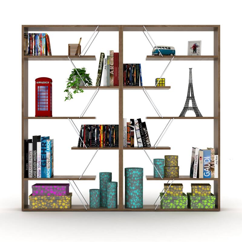 Furnish Home Store Wood Frame Etagere Open Back 6 Shelves Bookcase Industrial Bookshelf - Walnut