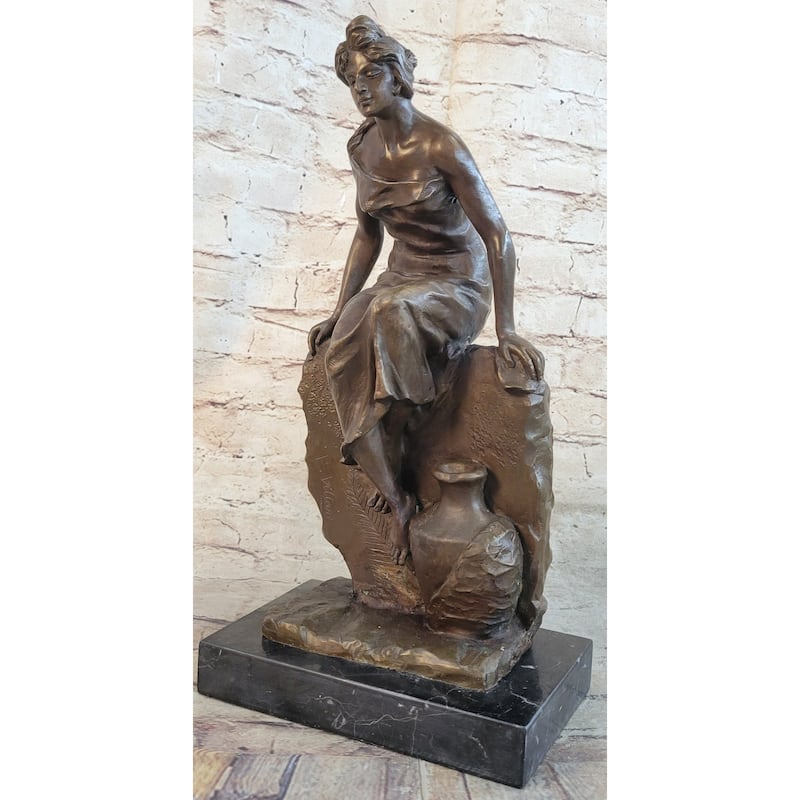 Classical Woman Sitting On A Rock Wall Bronze Sculpture Statue Figure On Marble Base