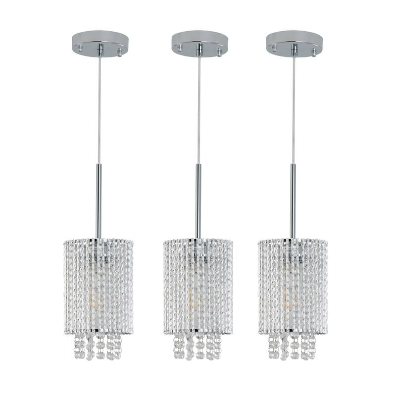 5" Modern Crystal Pendant Light 3-Pack Adjustable Chrome Hanging Ceiling Fixture with Clear Beads, Elegant Design (No Bulbs)