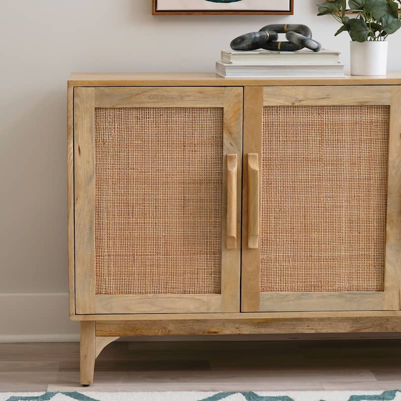 Spence Natural Mango Wood Cane 3-Door Cabinet