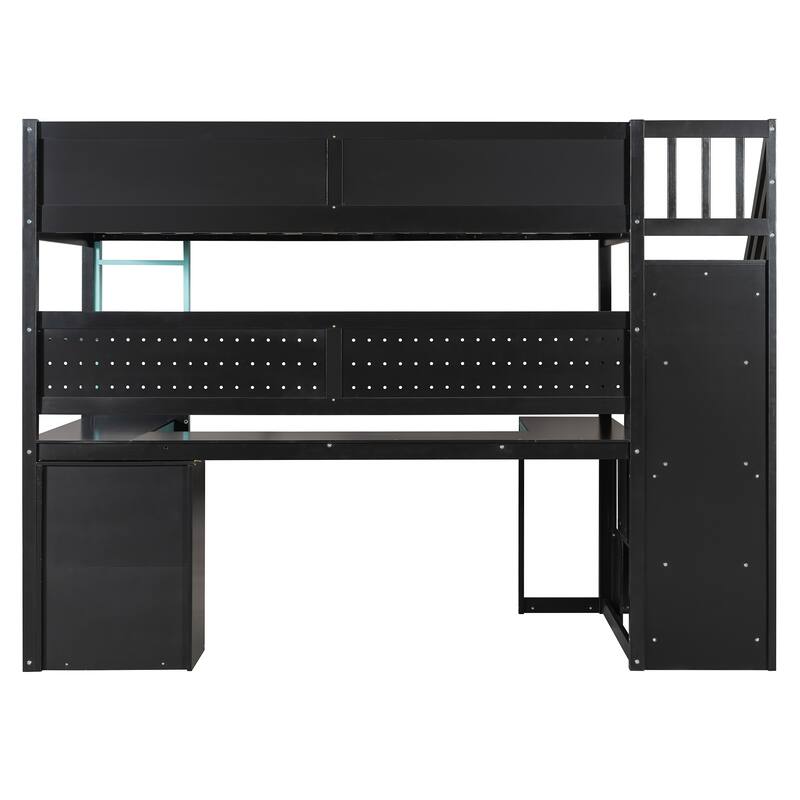 Twin Size Wooden Gaming Loft Bed with Storage Stairs, Desk, Shelves & Pegboard