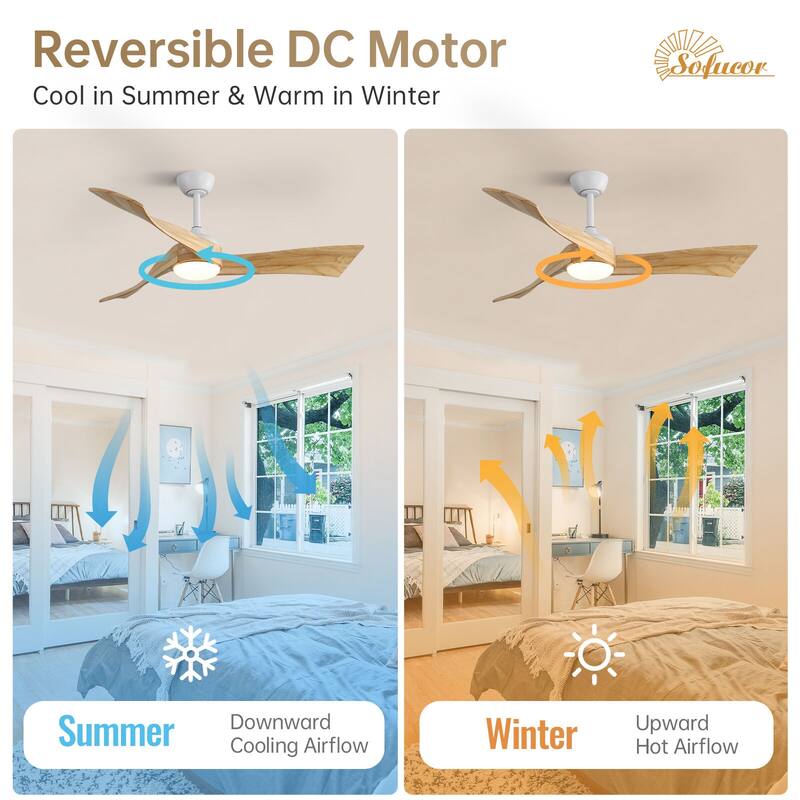 52"Solid Wood Ceiling Fan with Light Optional, 6-Speed Reversible DC Motor and Remote control,Smart Optional