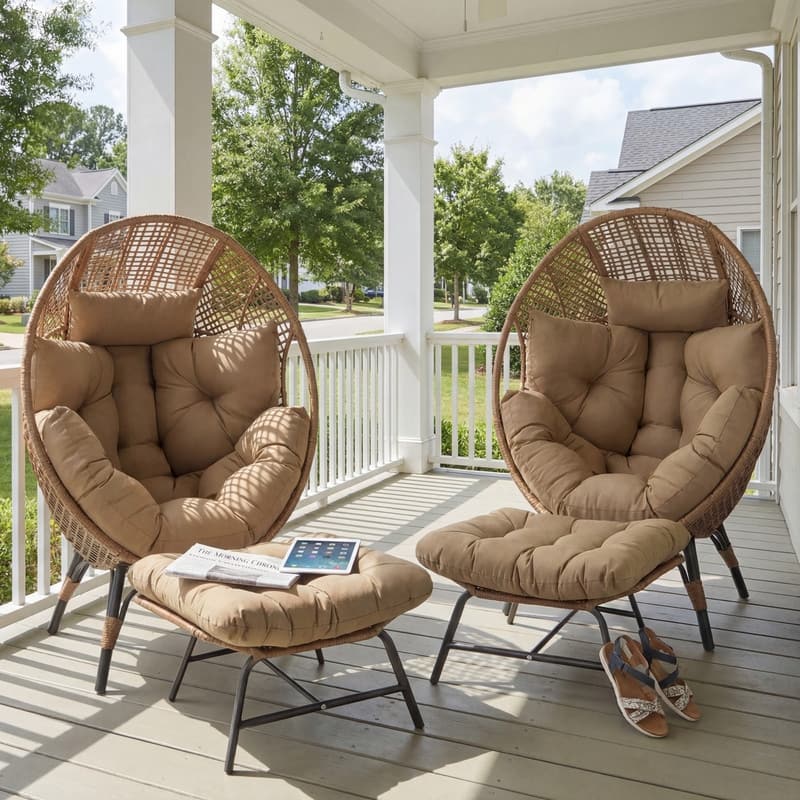 Set of 2 Outdoor Wicker Egg Chairs with Ottomans, 4-Piece Patio Lounge Chair Set, 6.5" Thick Cushions, 440 lbs Capacity