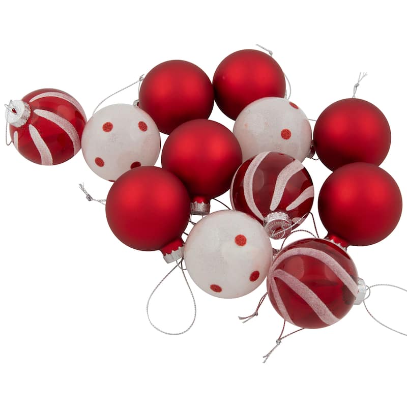 12ct Red White Glass 3-Finish Christmas Ball Ornaments 1.75" (40mm)