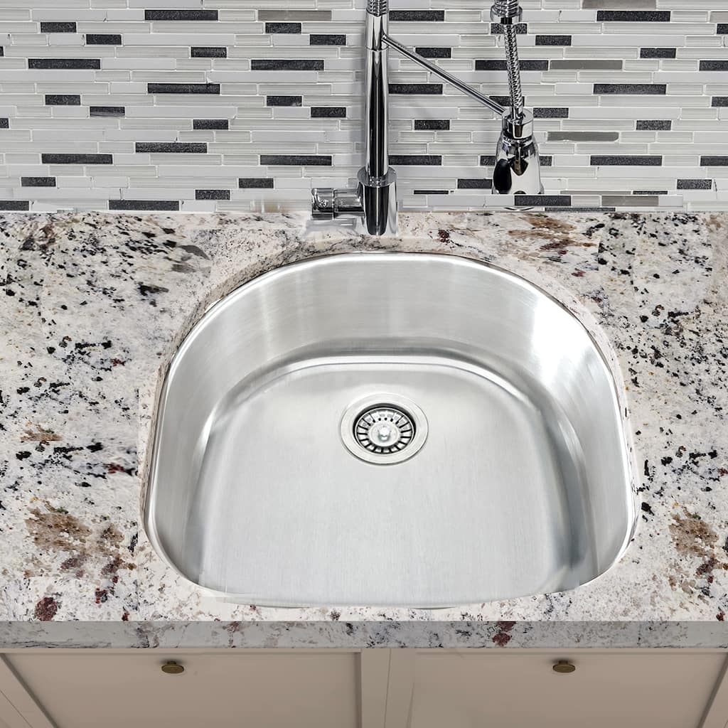 Highpoint Collection 24 Inch D Shape Single Bowl Undermount 18 Gauge Stainless Steel Kitchen Sink with Drain