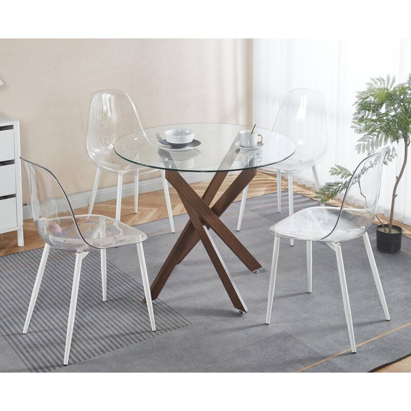 Round Glass Dining Table for 4-Person, Kitchen Table with Tempered Glass Top & Cross Metal Legs, Leisure Table for Small Places - Clear