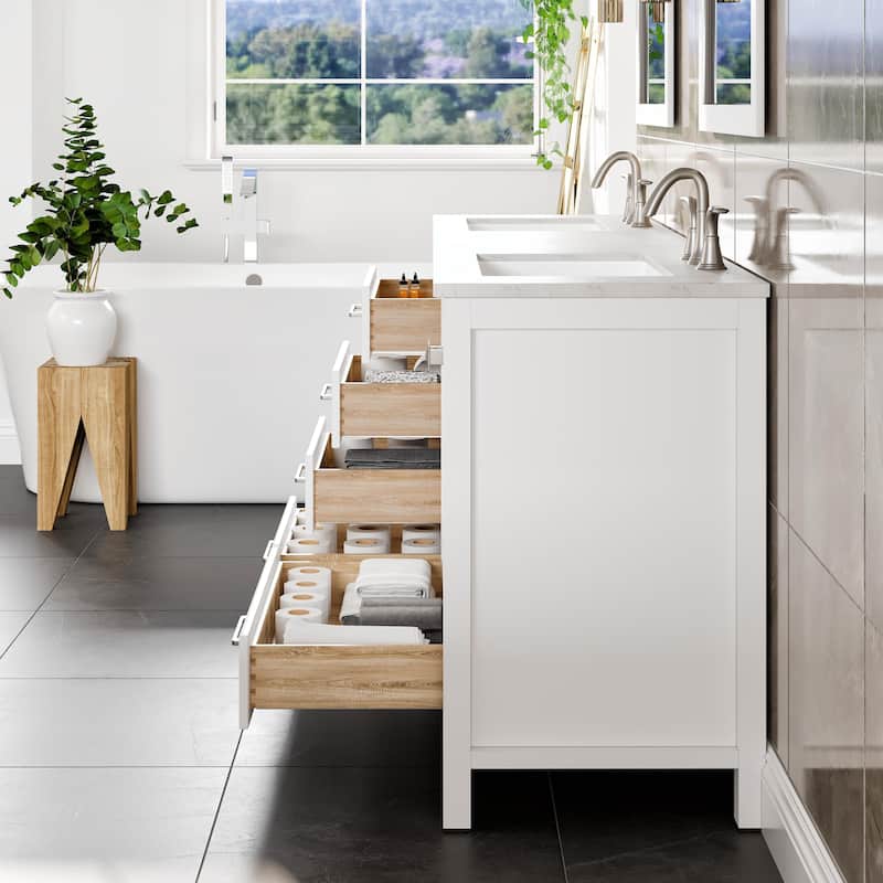 Eviva Aberdeen 78"W x 22"D White Double Sink Vanity with White Carrara Quartz Vanity Top and Rectangular Undermount Sinks