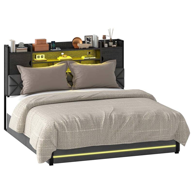 Velvet Upholstery Bed Frame With 4 Underbed Storage Drawer, LED Lights And Charging Station