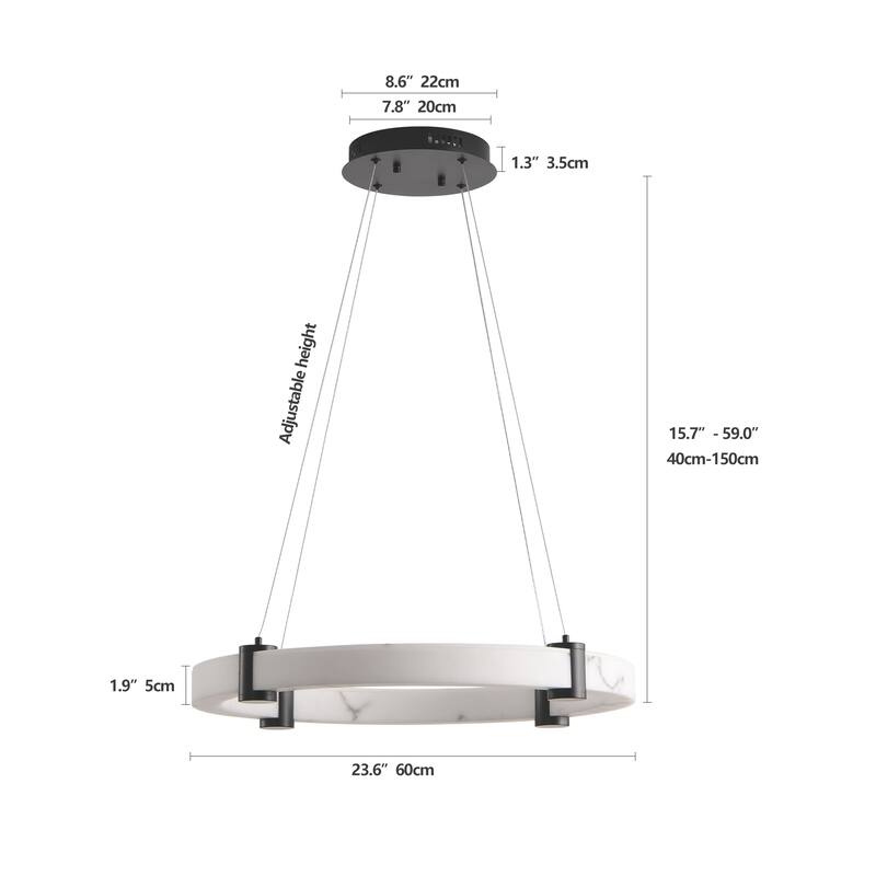 Modern LED Pendant Light, 24-Inch Round Hanging Chandelier, Marble Finish Resin Ring Ceiling Light for Living Room
