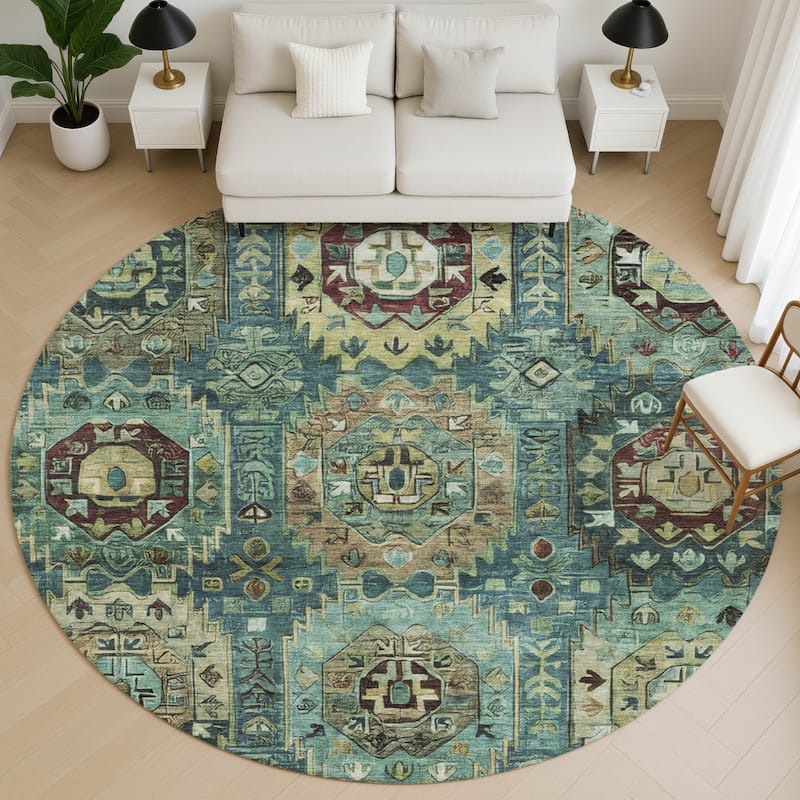 Premium Washable Super Soft Traditional Global Mayfield Rug - Teal - 8' x 8'