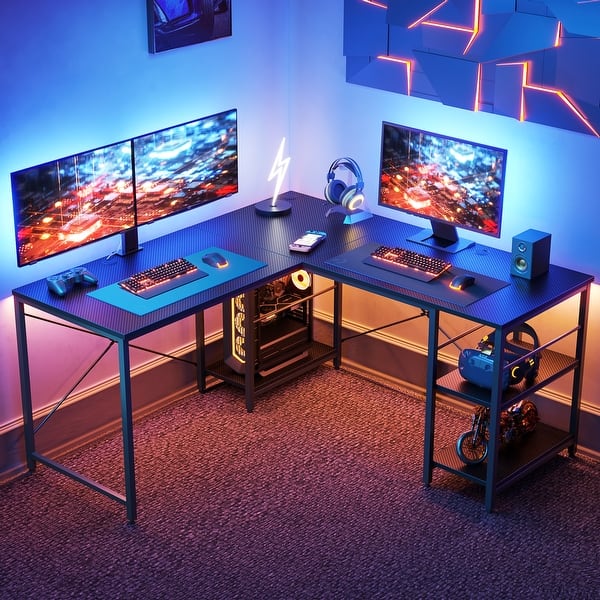 slide 2 of 18, 95.2 Inch L Shaped Desk with Shelves Home Office Computer Desk Carbon Fiber