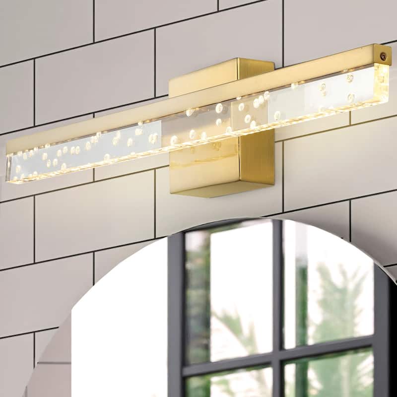 Baxter 22" 1-Light Modern Contemporary 360-Degree Rotatable Iron/Seeded Acrylic Integrated LED Vanity Light, by JONATHAN Y - 22" - Brass Gold/Clear