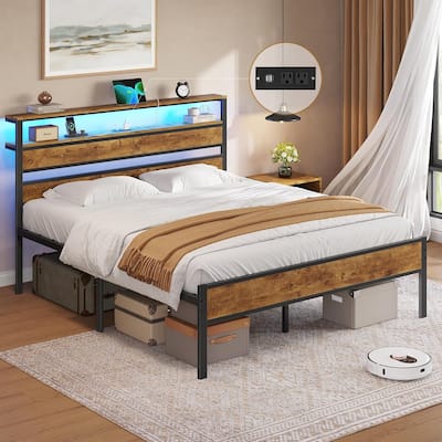 LED Bed Frame with 2 Tier Storage Headboard & Charging Station