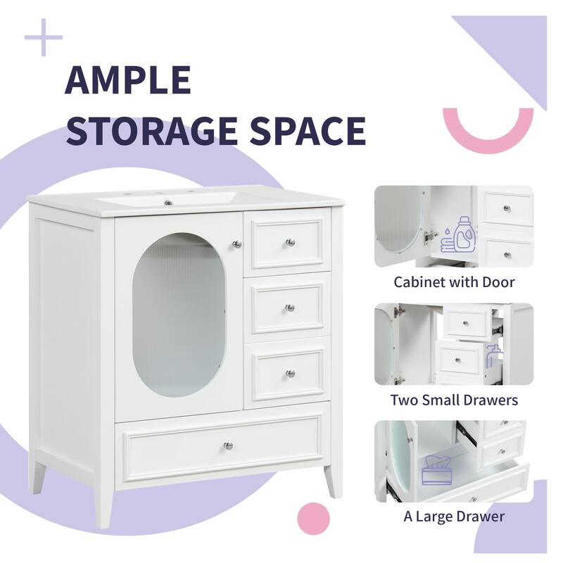 30" Bathroom Vanity with Sink, Bathroom Vanity Cabinet with Three Drawers and Door, Solid Wood and MDF