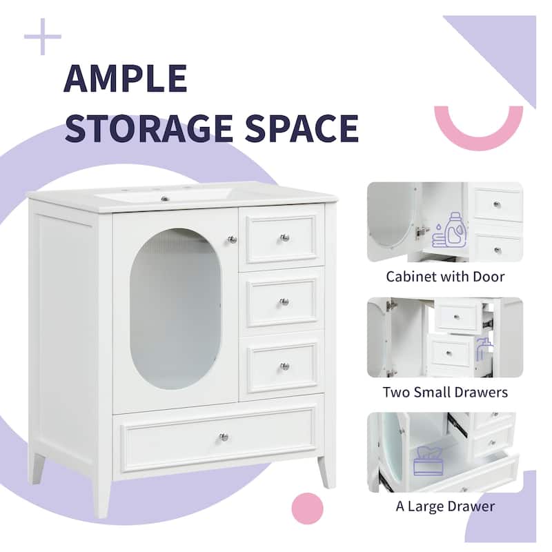Modern Bathroom White Vanity with Sink, Oval Hazy Glass Door Cabinet and 3 Different-sized Drawers for Various Styles
