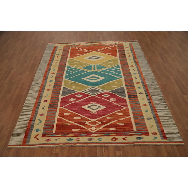 Hand Woven Oriental 100% Wool Carpet Southwestern Tribal Multi-Colored Kilim Area Rug - 9' 10'' X 8' 2''