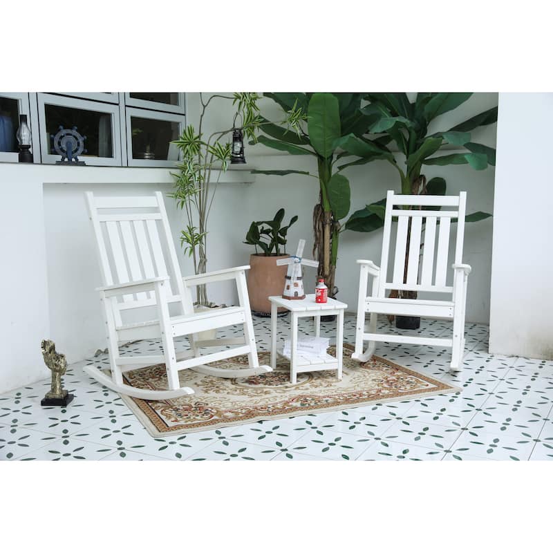All Weather Rocking Chair Set with Side Table, 3-Piece Rocking Chair Set with Wood-Texture(includes 2 Chairs and 1 Table) - White