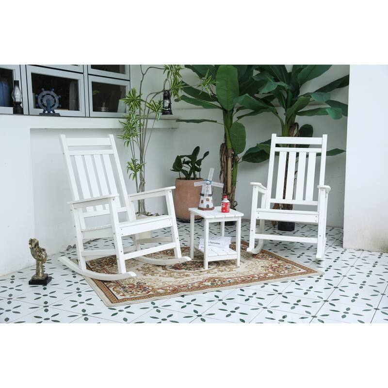 Outdoor Rocking Chair Set with Side Table, 3-Piece Rocking Chair Set with Wood-Texture,All Weather-resistant - White