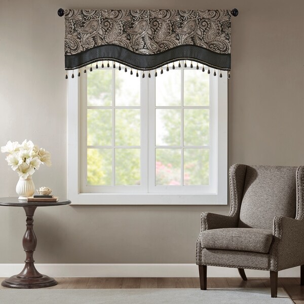 Madison Park Wellington Jacquard Window Rod Pocket Valance with Beads - 50 x 18". Opens flyout.