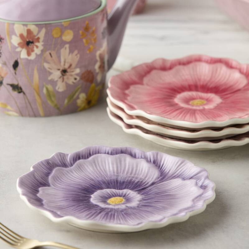 Certified International Wildflowers 3-D Floral Dessert Plates, Set of 4 Assorted Designs - 8.00"L x 8.00"W x 1.00"H