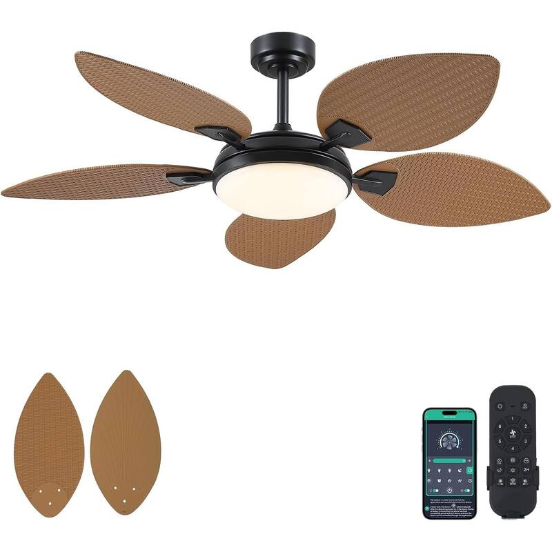 52" Tropical Farmhouse Indoor and Outdoor Ceiling Fans，Ceiling Fan with LED Lights, Downrod Ceiling Fan, 6-Speed, Dimmable - Brown