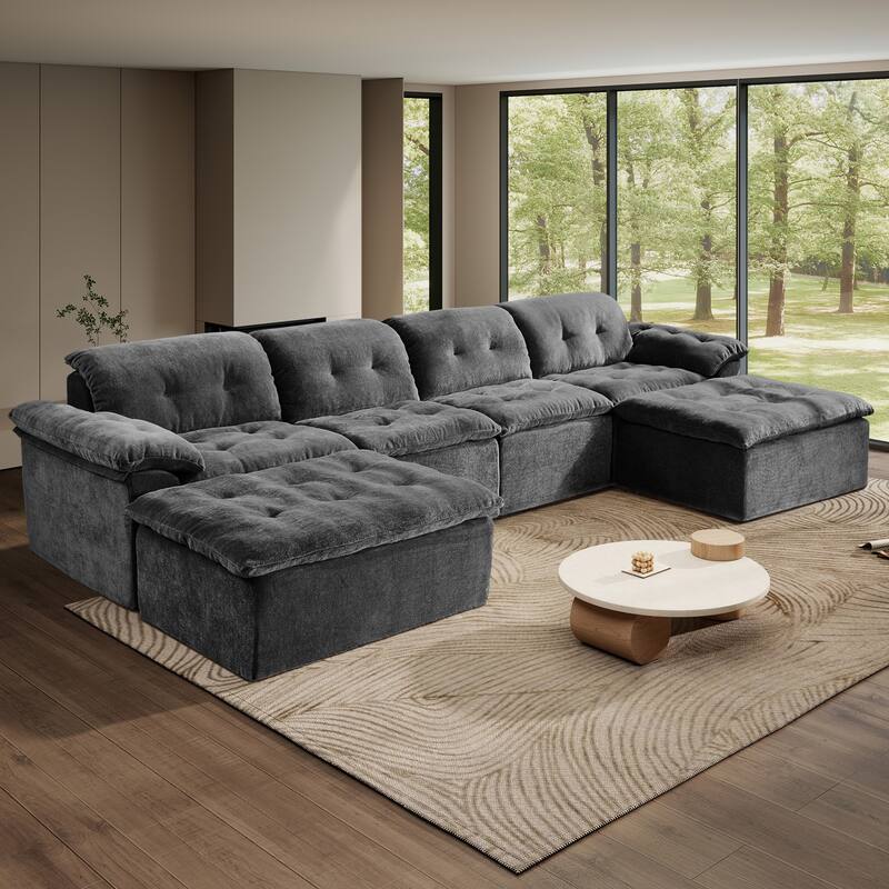 Rossetta 4-Seater Chenille Upholstery Modular Convertible Design Generous Seating Cushioned Sofa with 2 Versatile Ottomans - Grey