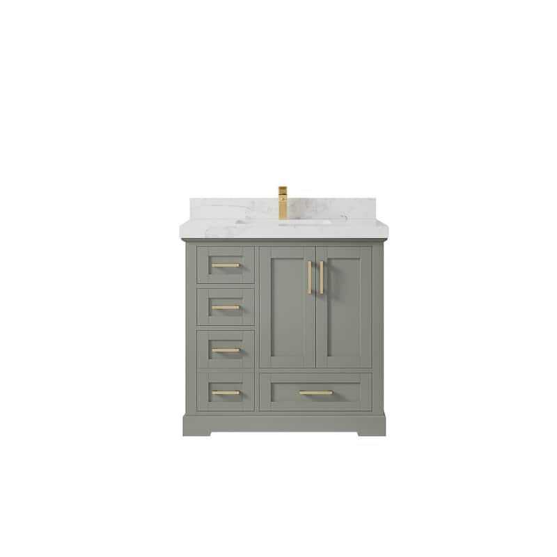 Willow Collections 36 x 22 Boston Center Sink Right Bathroom Vanity with Countertop - 2"Calacatta Nuvo - Evergreen