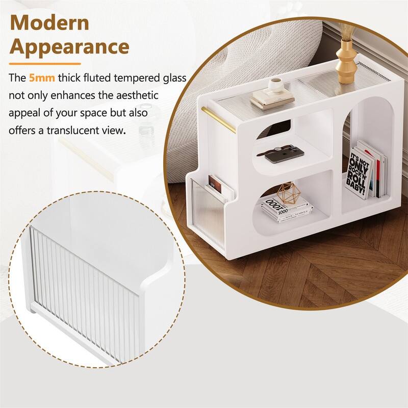 Mobile End Table with Thick Fluted Tempered Glass, Narrow Side Table with Lockable Wheels and Open Storage Compartments