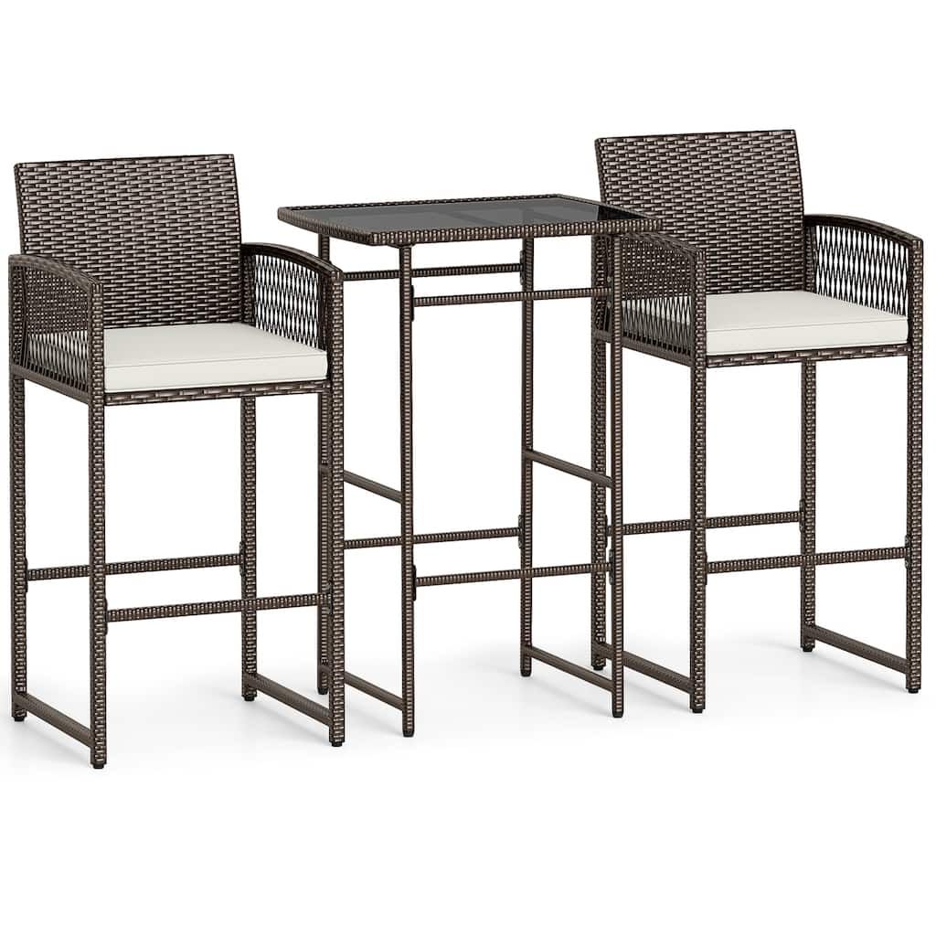 3-Piece Outdoor Wicker Bar Set with Mix Brown PE Rattan and Metal Frame Included Off-White Cushions - Chair: 20.5" x 19.5" x 44"