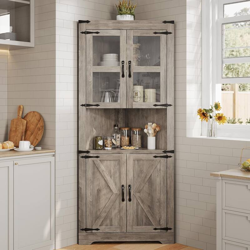 Tall Farmhouse Corner Cabinet with Glass Door & Adjustable Shelves, Space-Saving Storage for Kitchen or Bathroom - Gray