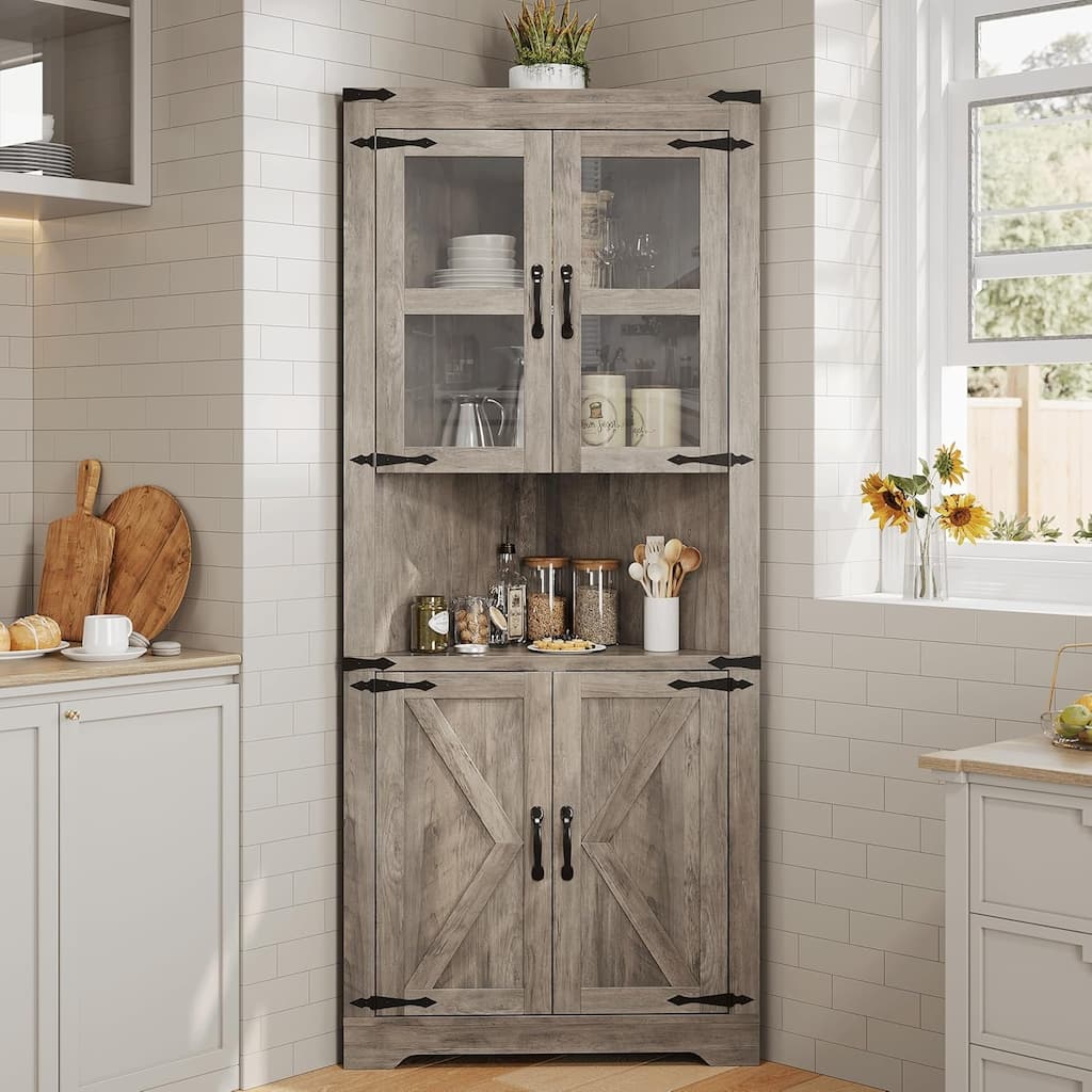 Tall Farmhouse Corner Cabinet with Glass Door & Adjustable Shelves, Space-Saving Storage for Kitchen or Bathroom