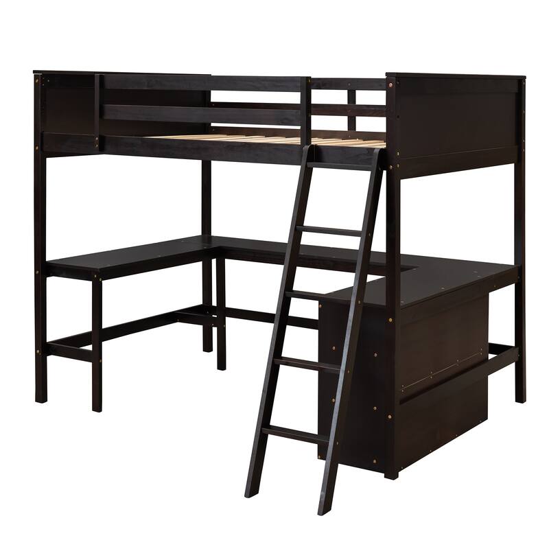 Space-Saving Full Size Loft Bed with Shelves and Desk in Espresso Finish