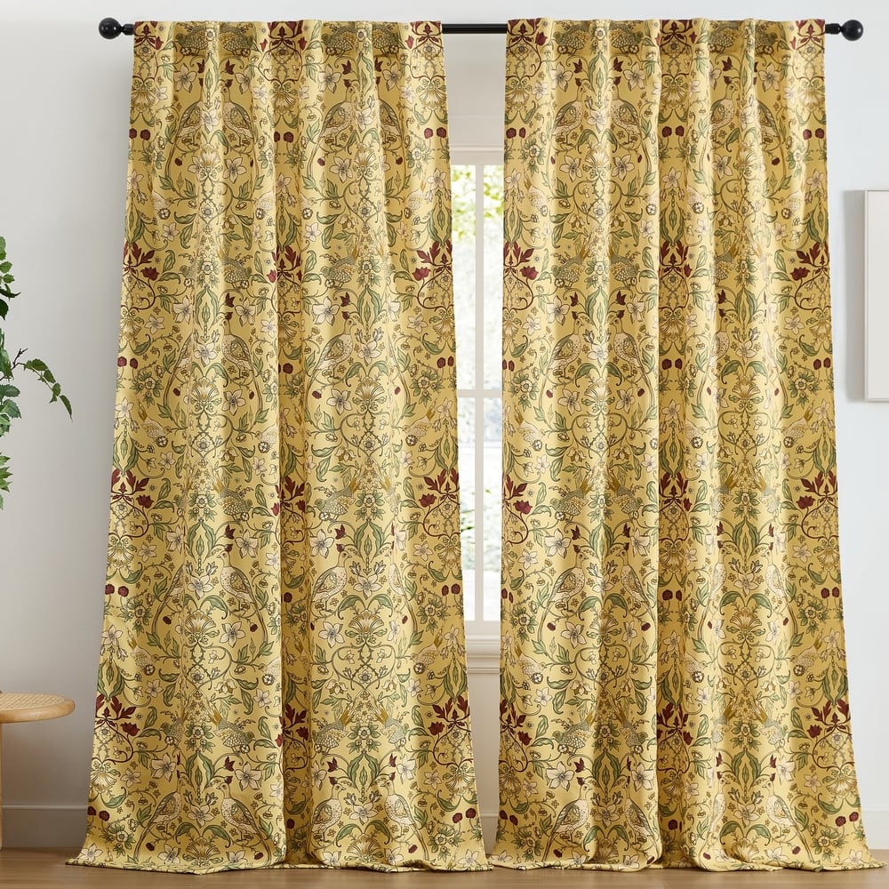 HLC.ME Florence Floral & Birds Window Back Tab Rod Pocket Curtains - Light Blocking Darkening Window Panels, Set of 2