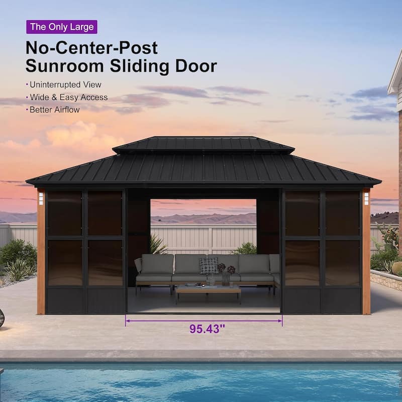 PURPLE LEAF Double Top Outdoor Wood Grain Sunroom All-Weather Screen House Patio Hardtop Gazebo