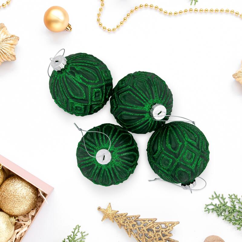 Glitter Lined Diamonds Glass Christmas Ball Ornament - 3" (80mm) - Green - 4ct