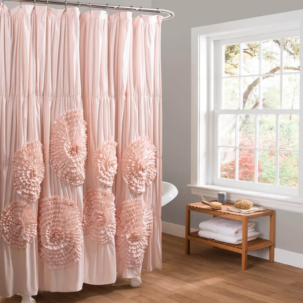Silver Orchid Bara Ruffle Flower Trim Shower Curtain