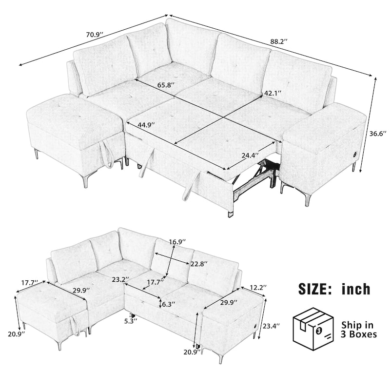 88.2" L-shaped Sofa Bed w/ Storage, 2 Cup Holders & 2 USB Ports, Beige Chenille