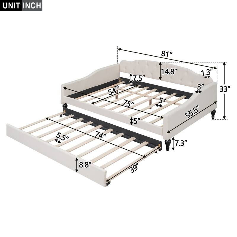 Multifunctional Design Full Size Upholstered Tufted Daybed with Twin Size Trundle for Bedroom
