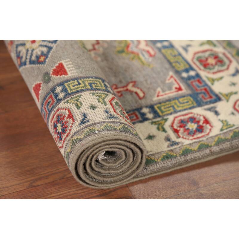Gray Geometric Kazak Foyer Rug Hand-Knotted Oriental Wool Carpet - 2'8" x 4'1"