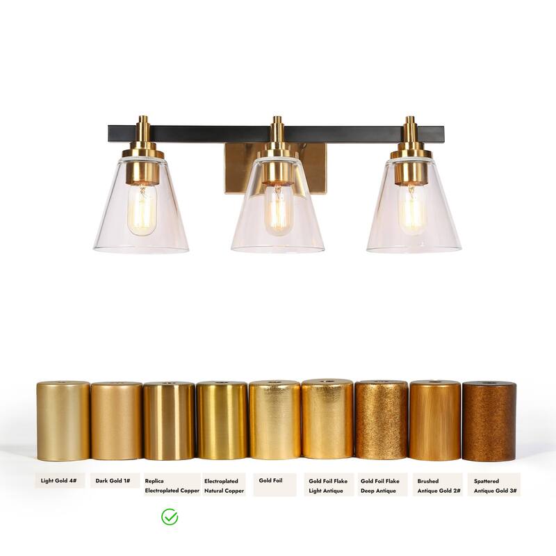 3-Light Mid-Century Modern Black Gold Bathroom Vanity Lights Clear Glass Wall Sconces