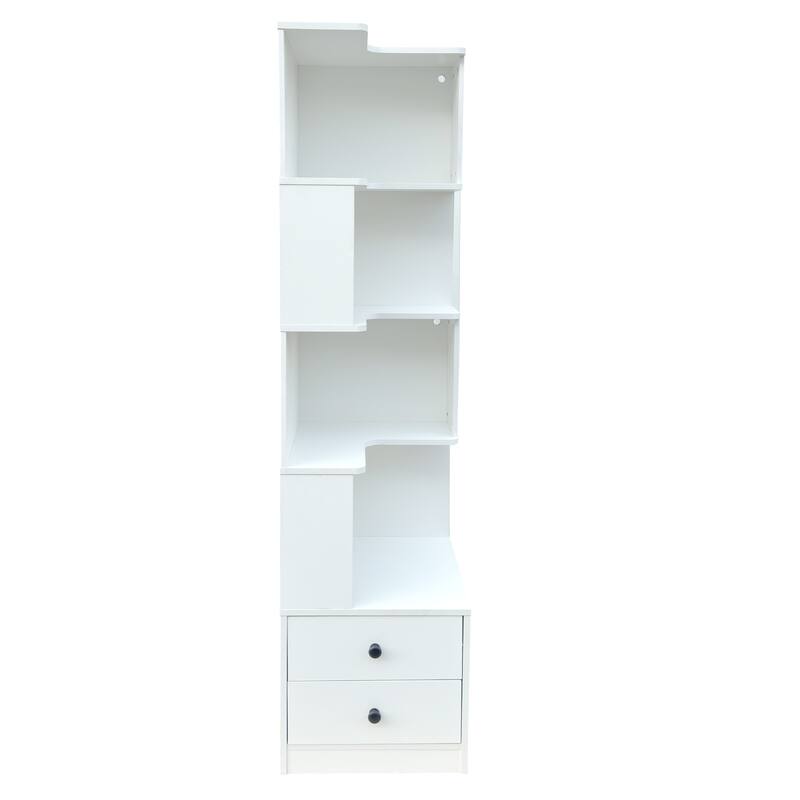 Corner Bookshelf With Drawers,4-Tier Corner Bookcase With Baffle, Freestanding L Shaped Display Shelf Stand With LED Lights