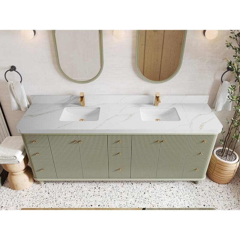 Willow Collections 84 in. W x 22 in. D Reeded Miami Double Bowl Sink Bathroom Vanity with Countertop - 2"Calacatta Sienna - Evergreen